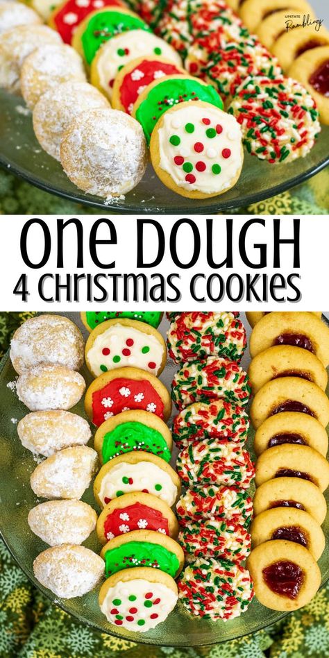 Make more cookies with less effort this Christmas! Use one cookie dough recipe to make 4 different cookies. Make thumbprint, sprinkle, frosted sugar, or secret kiss cookies. Secret Kiss Cookies, Different Cookies, Christmas Cookie Recipes Holiday, Christmas Baking Cookies, Cookie Dough Recipe, Basic Cookies, Easy Christmas Cookie Recipes, Christmas Baking Recipes, Kiss Cookies