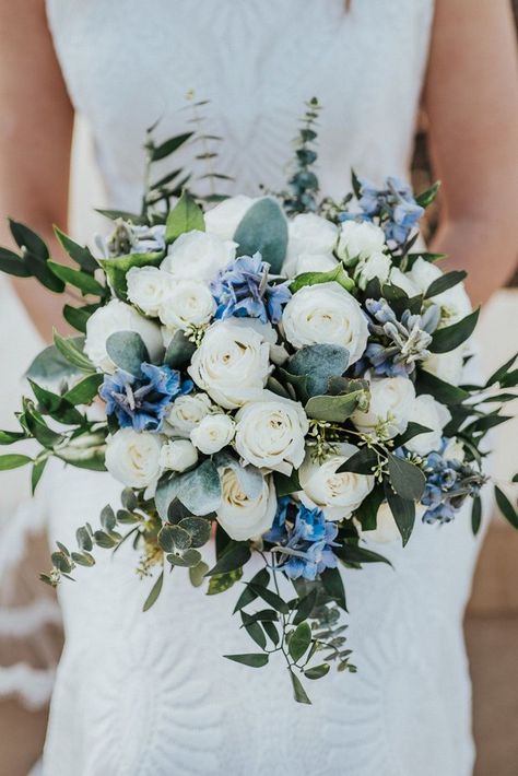 light blue and green eucalyptus and white roses wedding bouquet Light Blue Wedding Colors, Classic Blue Wedding, Madison Wedding, Blue Wedding Bouquet, Light Blue Wedding, Blue Wedding Flowers, White Bridal Bouquet, Temple Wedding, Wedding Colors Blue