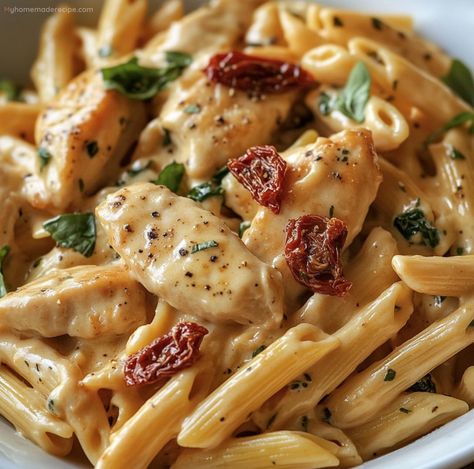 Good Chicken Meals, Baked Penne With Chicken And Sun Dried Tomatoes, Sun Dried Chicken Pasta, Easy Dinner Meals For One, Sunday Night Family Dinner Ideas, Chicken And Sundried Tomato Recipes Penne Pasta, Marry Me Pasta Chicken, Pasta With Creamy Sauce, Chicken Pasta Sundried Tomatoes Recipes