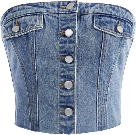 Milumia Women's Button Front Denim Tube Top Raw Hem Strapless Bandeau Jean Tops African Print Skirt Ankara Styles, Denim Tube Top, Denim Bustier, Strapless Shirt, Denim Corset Top, Top Bustier, Mode Zara, Denim Corset, Strapless Bandeau