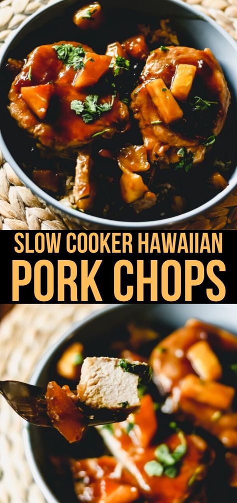 Slow Cooker Hawaiian Pork Chops - This Slow Cooker Hawaiian Pork Chops Recipe is a sweet  tangy quick weeknight meal that tastes like steakhouse quality. Serve over rice. #SlowCookerRecipes #CrockpotRecipes Hawaiian Pork Chops, Teriyaki Pork Chops, Pineapple Pork Chops, Hawaiian Pork, Pork Chop Recipes Crockpot, Teriyaki Pork, Crockpot Pork Chops, Slow Cooker Pork Chops, Crockpot Pork