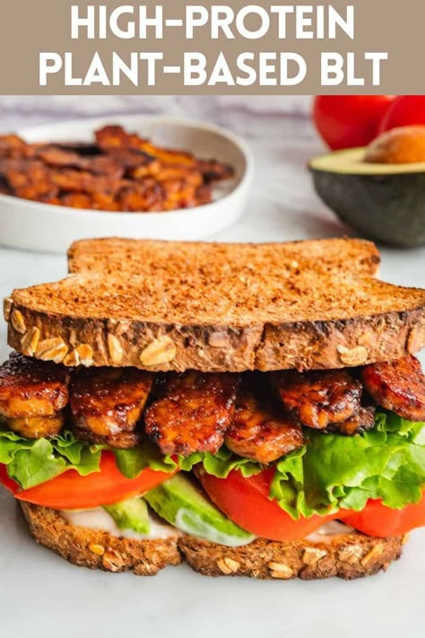 High-protein Plant-Based Tempeh Sandwich with crispy smoky tempeh bacon is a quick and healthy lunch or dinner. Packed with iron, fiber, and B12. The ultimate tempeh BLT recipe. Tempeh Meals, Tempeh Sandwich, Crispy Tempeh, Tvp Recipes, Vegan Blt Sandwich, Blt Recipes, Dr Mcdougall, Vegan Tempeh, White Queso