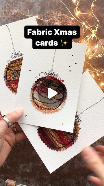 Mira on Instagram: "I’m on a roll (which might explain the lack of sleep this week lol) - another tutorial is now live on my YouTube channel. These free motion embroidered fabric baubles are a great little scrap buster and make for beautiful and unique cards with a personal touch! Happy sewing & thanks for watching! ❤️ #bauble #baubles #freemotionstitching #freemotionembroidery #freemotion #freemotionsewing #sewingtutorial #sewingtutorials #handmadechristmas #handmadechristmascards #fabricgifts #sewinggifts #fabricscraps #fabricscrapsproject #scraps #cardmaking #sewingproject #bluebellhillcrafts #sewingonpaper #papersewing #christmassewing #xmascard #xmascards" Textile Cards Fabric Art, Free Motion Embroidery Christmas Cards, Fabric Scrap Christmas Cards, Free Motion Christmas Cards, Fabric Xmas Cards, Textile Christmas Cards, Embroidered Christmas Cards, Fabric Baubles, Fabric Christmas Cards