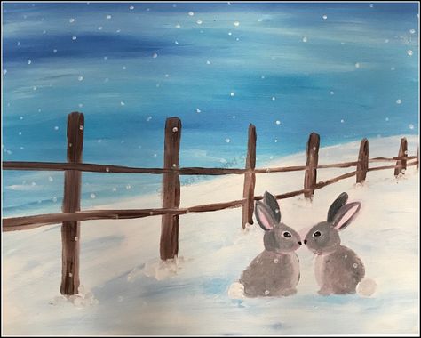 Snow Bunnies - Saratoga Paint and Sip Studio Bunny In Snow Painting, Snow Bunny Painting, Christmas Bunny Painting, Snow Painting Easy, Winter Landscape Painting Acrylic Easy, Acrylic Bunny, Christmas Bunny, Christmas Canvas Art, Tempera Painting