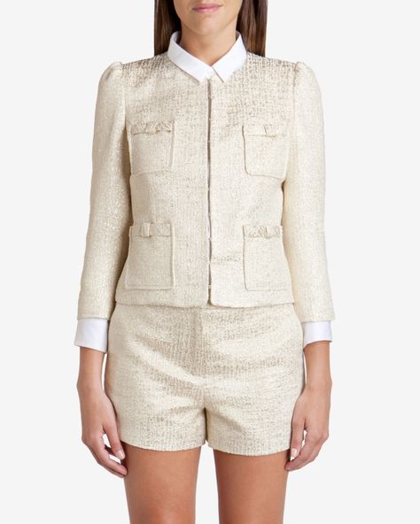 Metallic cropped suit jacket and Metallic suit shorts | Ted Baker UK Cropped Suit Jacket, Cropped Suit, Women Suits, Women's Suits, Suits Clothing, Suit Dress, Printed Dresses, Classic Suit, New Dresses