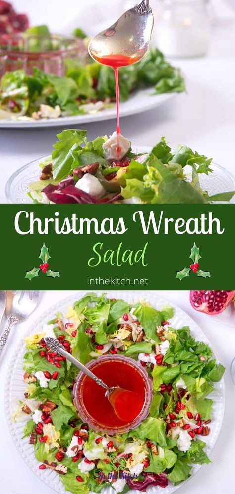 Delight your holiday guests with this stunning Christmas salad wreath. This easy and quick recipe offers a refreshing salad in the shape of a wreath so your guests can serve themselves while they admire your artistic flair. Recipe at inthekitch.net #inthekitch #christmasfood #salads Christmas Wreath Salad, Salad Wreath, Wreath Salad, Salad Recipes Holidays, Red White And Green Christmas, White And Green Christmas, Tomato And Onion Salad, Green Christmas Wreath, Christmas Salad Recipes