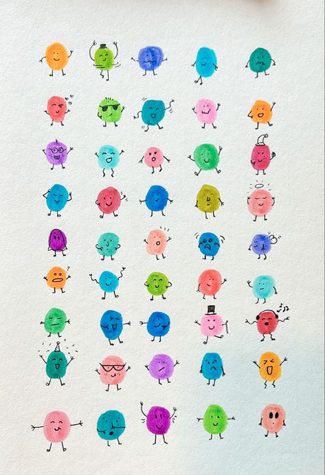 Finger Print People, Kid Watercolor Ideas, Finger Print Ideas, Finger Print Art Ideas, Fingerprint Doodles, Fingerprints Art, Watercolour For Kids, Watercolor Art For Kids, Fingerprint Art Kids