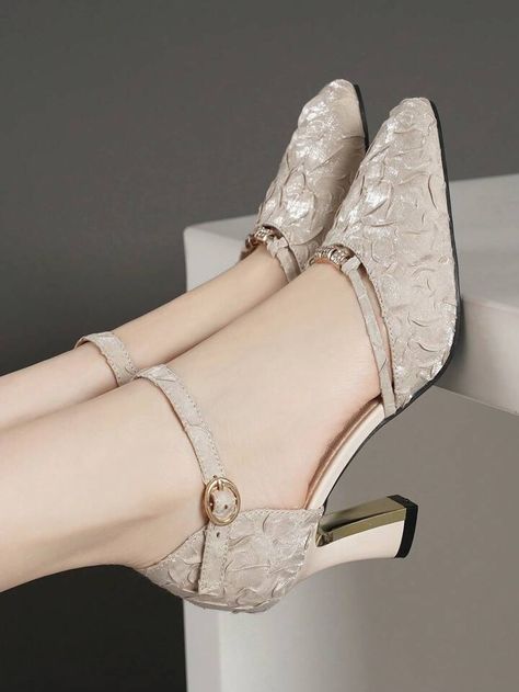 Apricot Collar Embellished Women Shoes Kasut Tumit Tinggi, Sandal Tali, Thick Heel Shoes, Fashion Shoes Heels, Ankle Strap High Heels, Womens Chunky Heels, Shoes Sandals Heels, Fancy Shoes, Elegant Shoes