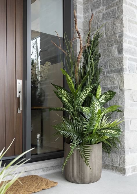 Outdoor tall arrangement of cedar and plants - Décors Véronneau Pot Plants Front Door, Indoor Planter Box Ideas House Plants, Foyer Plants Entrance, Front Door Plants Pots Entrance, Front Door Planter Ideas Entrance, Front Door Pots Plants Entrance, Pots Front Door, Patio Planter Ideas Plant Pots, Balcony Landscaping