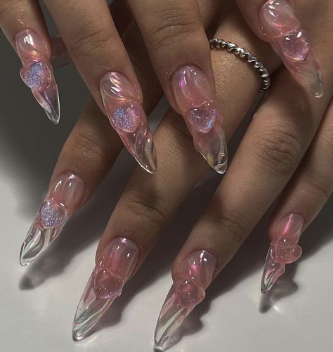 Purple Transparent Nails, Nails Transparent Design, Pink Ethereal Nails, Pink Glass Nails, Jelly Nail Designs, Short Almond Shape, Gel Toe Nails, Hello Nails, Short Almond