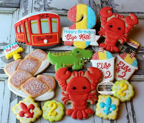 New Orleans Themed Birthday Cookie Set Louisiana First Birthday, Born On The Bayou Party, New Orleans Cookies, Bayou Themed Party Ideas, Louisiana Themed Party, New Orleans Party Theme, Bayou Party, Painted Cookies, Diaper Party