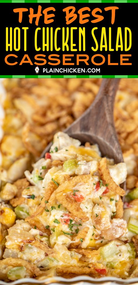 The BEST Hot Chicken Salad - seriously delicious chicken casserole!! Baked chicken salad loaded with pimentos, water chestnuts, almonds, cheese and french fried onions. Great for lunch, brunch, dinner, baby showers, potlucks and tailgating. Chicken, almonds, water chestnuts, pimentos, celery, lemon juice, mayonnaise, cheddar cheese, cream of chicken soup and french fried onions. Can make in advance and refrigerate or freeze for later. #casserole #chicken #chickencasserole #freezermeal Baked Chicken Salad, Hot Chicken Salad, Baked Chicken Casserole, Hot Chicken Salads, Queso Cheddar, Hearty Chicken, French Fried Onions, Water Chestnuts, Hot Chicken