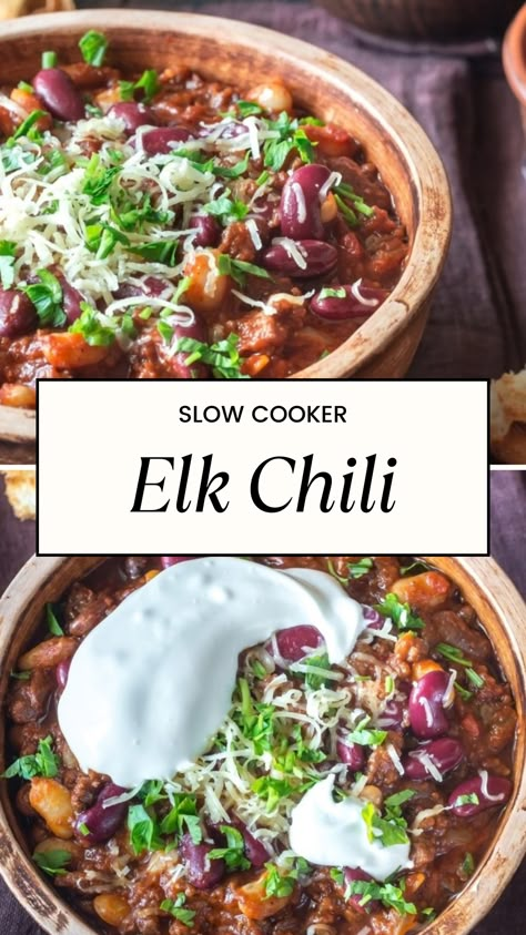 Slow Cooker Elk Chili Ground Elk Chili, Ground Elk Recipes Healthy, Elk Chili Recipe Crockpot, Elk Chili Recipe, Ground Elk Recipes, Elk Chili, Elk Meat, Steak Chili, Elk Recipes