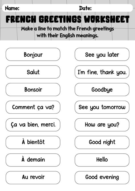 French Greetings Worksheet French Greetings Worksheet, French Beginner Worksheet, French Worksheets For Kids, French Worksheets For Beginners, French Preschool Activities, French Notes, Notes Idea, Beginner French, Free French Lessons