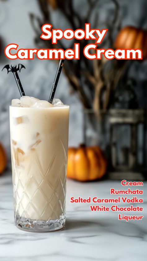 Spooky Caramel Cream Rumchata Cocktails, Salted Caramel Vodka, Fun Halloween Drinks, Baileys Irish Cream Recipes, Halloween Themed Drinks, White Chocolate Liqueur, Caramel Vodka, Fun Drinks Alcohol, Cocktail Drinks Alcoholic