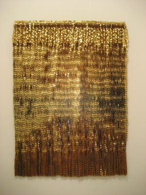 Olga De Amaral, Escrito X, fiber, gold and silver leaf, acrylic paint Handmade Tapestries, Gold Leaf Art, Contemporary Textiles, Miami Art, Antique Fabrics, Art Basel, Textile Fiber Art, Museum Exhibition, Tapestry Weaving