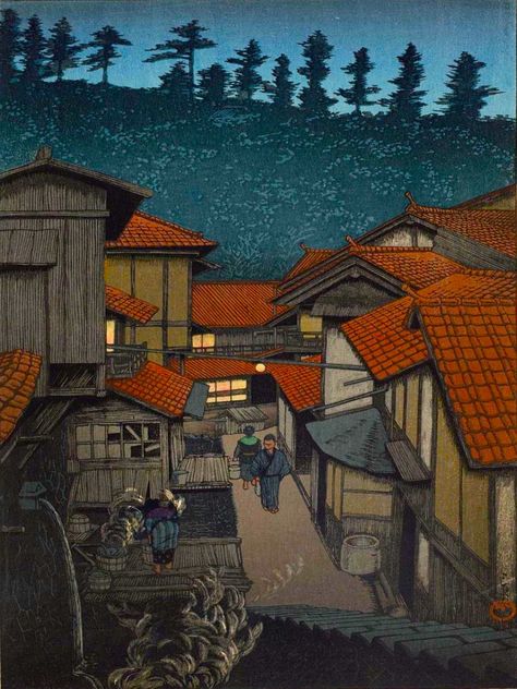 Japan Village, Kawase Hasui, Japanese Village, Japanese Woodcut, Japan Illustration, Feudal Japan, Art Chinois, Japanese Art Prints, Japanese Artwork