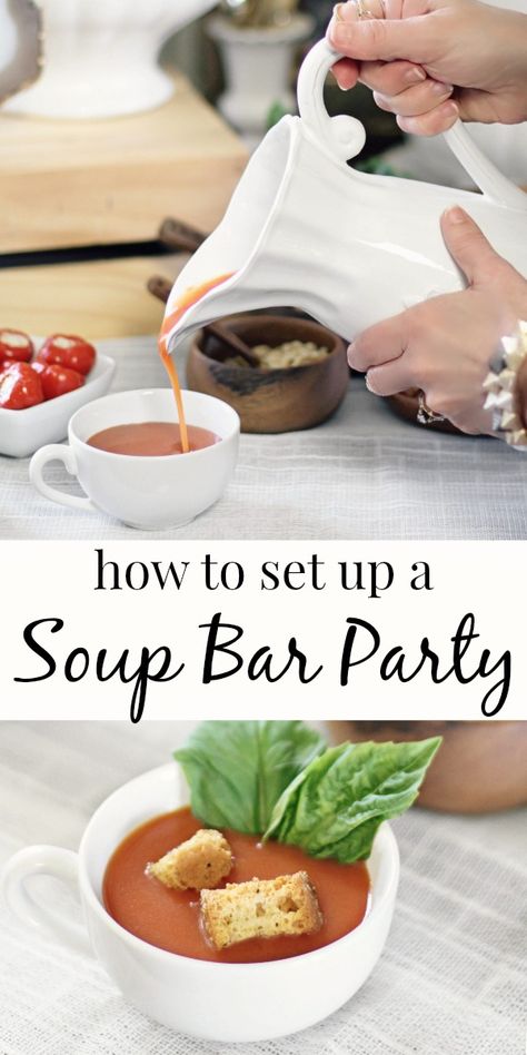 Set up a stylish soup party bar with these easy tips and ideas. Awesome idea for showers, fall parties, and game day entertaining at home. Outdoor Fall Soup Party, Soups For Parties, Coffee Table Appetizers, Soup And Sandwich Bar Ideas, Soup Decoration Ideas, Party Soup Ideas, Christmas Soup Ideas, Soup Party Decorations, Fall Soup Bar