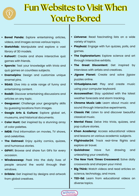 Feeling bored? 🎉 Check out these fun and engaging websites to brighten your day! From quirky games to creative inspiration, there's something for e#exploretheweb 
Full post here:
https://www.educatorstechnology.com/2023/05/35-fun-websites-to-visit-when-bored.html
#BoredomBusters #FunOnline #ExploreTheWeb Things To Do On A Computer When Bored, Games For When Your Bored Online, Research When Bored, Interesting Websites Fun, Game Websites For School, Website To Visit When Bored, Cool Game Websites, Fun Things To Do On Your Computer, Sites When You Are Bored