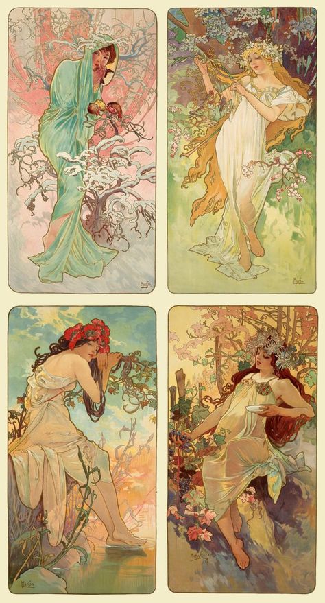 The Seasons By Alfons Mucha 1896 Art Nouveau Mucha, Motifs Art Nouveau, Alphonse Mucha Art, Koloman Moser, Mucha Art, Art Nouveau Illustration, Art Nouveau Poster, Posca Art, Hur Man Målar