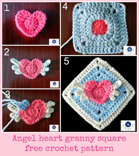 Heart Granny Square Pattern, Crocheted Hearts, Heart Granny Square, Motifs Granny Square, Granny Square Pattern, Crochet Angel, Mode Crochet, Angel Heart, Crochet Design Pattern