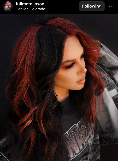 Hair Color 2023 Money Piece, Fall Hair Color Ideas Vivids, 2023 Color Blocking Hair, Long Red Hair Color Ideas, Black And Natural Red Hair, Darker Hair Dye Ideas, Hair Color Ideas For 30 Year Olds, 4 Quadrant Hair Color, Dark Hair Inspiration Medium