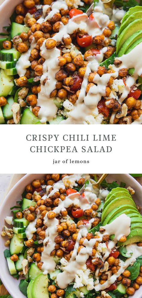 Two images of Chili lime chickpea salad in a white bowl. Crispy Chickpea Salad, Crispy Roasted Chickpeas, Crispy Chickpea, Crunch Salad, Avocado Slices, Chickpea Recipes, Lime Dressing, Chili Lime, Roasted Chickpeas