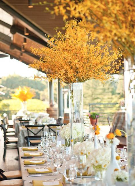 Fall Mountain Wedding, Thanksgiving Wedding, Modern Centerpieces, Wedding Themes Fall, Fall Wedding Centerpieces, Tall Centerpieces, Fall Wedding Colors, Yellow Wedding, Table Linen