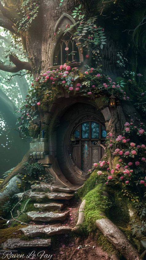 Magic Asthetics Photos, House Inside Tree, Enchanted Tree House, Magical Forest Mural, Fairy Village Aesthetic, Forest Castle Aesthetic, Magical Background Fairytale, Fairy Architecture, Mythical House