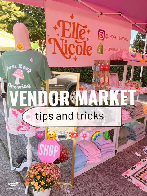 Flea Market Business Ideas, Vendor Name Display, Popup Booth Display, Pop Up Shop Layout Store Design, Vendor Booth Display Ideas Shirts, Vending Table Set Up Ideas, Summer Vendor Booth Ideas, 10x10 Pop Up Boutique, Clothing Boutique Pop Up Display Ideas