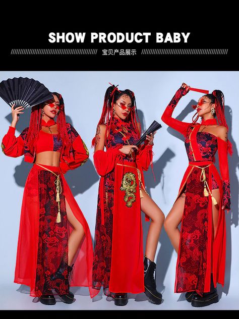 Modern Dance Outfit Hip Hop, Japanese Dance Costume, Chinese Festival Outfit, Chinese Halloween Costume, Imlek Outfit, Chinese Inspired Outfits, Chinese Outfits Modern, Chinese Costume Women, Chinese Outfits Fashion