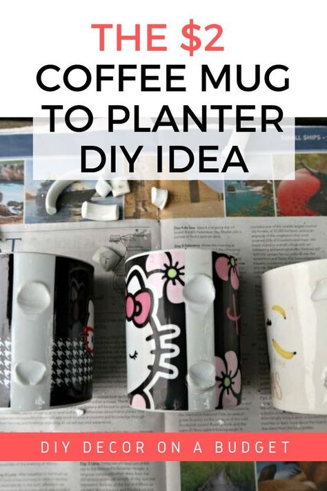 If you have broken coffee mugs or kitchen bowls you'll love this reuse recycle idea for these common household items. Turn these into planters with this easy decor project. #reuse #repurpose #upcycling Coffee Mugs Diy, Cute Planters, Diy Concrete Patio, Upcycled Furniture Before And After, Mugs Diy, Coffee Mug Crafts, Recycled Crafts Kids, Branded Mugs, Thrifted Home