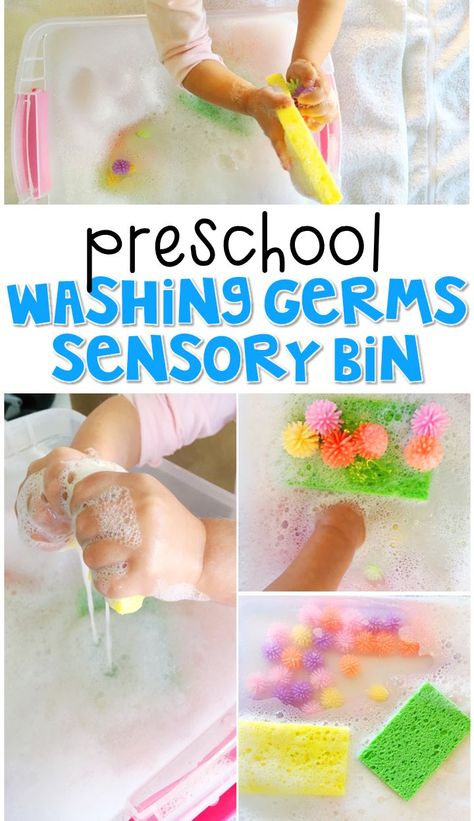 We LOVE this washing germs sensory bin. Great for a healthy habits theme in tot school, preschool, or even kindergarten! Preschool Healthy Habits, Germs Preschool Activities, Germ Crafts, Germs Preschool, Germs Lessons, Germs Activities, Healthy Habits Preschool, Letter G Activities, Hygiene Lessons