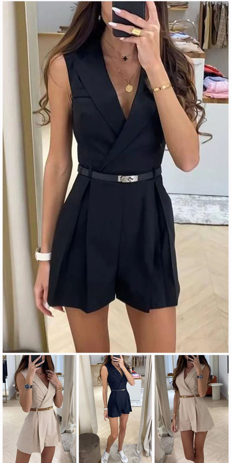 Work British Style Solid Without Belt V Neck Regular Rompers(No Belt) Clubbing Outfits, Boating Outfit, Floral Pocket, Turndown Collar, Work Wardrobe, Elegant Floral, Long Blouse, Elegant Outfit, Summer Outfits Women