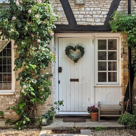 Quaint Cottage Entrance: Charming white cottage door adorned with a heart-shaped wreath, flanked by lush greenery and flowers. #cottage #entrance #wreath #door #flowers #aiart #aiphoto #stockcake ⬇️ Download and 📝 Prompt 👉 https://ayr.app/l/NyPF Door Portico, Cottage Entrance, Cottage Door, Heart Shaped Wreaths, Quaint Cottage, White Cottage, Wreath Door, Lush Greenery, Free Photos