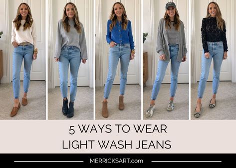 Tops For Light Blue Jeans, Light Wash Jeans Work Outfit, Light Color Jeans Outfit Fall, Light Jean Winter Outfits, Blue Light Jeans Outfit, Outfits For Light Blue Jeans, Fall Outfits With Light Wash Jeans, Light Mom Jeans Outfit Winter, Lightwash Jean Outfits Winter