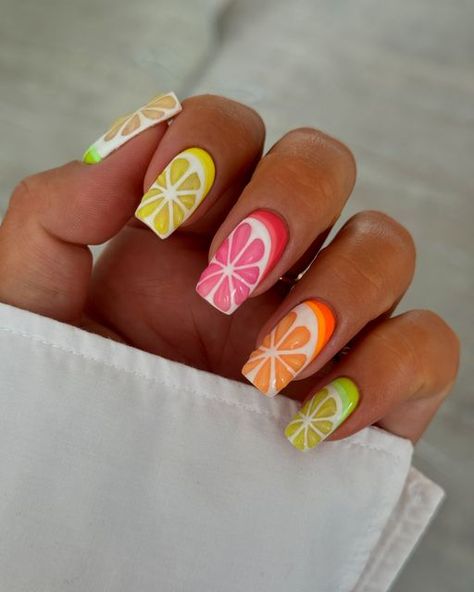 Charlotte Herberts on Instagram: "Last of these I promise 🍋‍🟩🍋🍊  #fruitynails #orangenails #lemonnails #grapefruitnails #limenails #summernails #longnails" Citrus Fruit Nails, Nails With Fruit Design, Citrus Nail Art, Orange Fruit Nails, Citrus Nails, Lime Nails, Frozen Jr, Fruit Nails, Lemon Nails