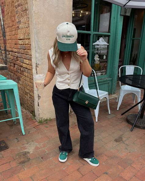 You can usually find me with a coffee, baggy jeans and sneakers ☕️🖤🤍 Vest: @hm Jeans: @abercrombie Sneakers: @adidas Hat: @amazonfashion Bag: @amazon Jewelry: @bypavoi #ootd #denimstyle #minimalstyle #streetstyle #pinterestinspired #ootdfashion #minimalstreetstyle Outfit of the day, street style, trucker hat outfit, baggy jeans outfit, outfit inspo, outfit ideas, minimal street style, pops of green, cool girl outfit, casual outfit, basic outfit Adidas With Jeans Outfit, Green Adidas Outfit Women, Green Trucker Hat Outfit, Green Adidas Outfit, Green Sneakers Outfit, Green Hat Outfit, Green Bag Outfit, Hm Jeans, Trucker Hat Outfit