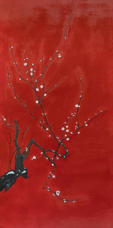 Sakura Oil Painting, Sakura Painting, East Asian Art, Japanese Art Modern, Minimal Painting, Red Painting, Asian Painting, Figurative Painting, Canvas Painting Diy