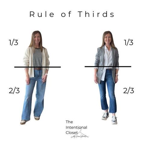 Take the guesswork out of getting dressed with the Rule of Thirds! Rule Of Thirds Clothing, Rule Of Thirds Fashion, Rule Of Thirds Examples, Work Wardrobe Essentials, The Rule Of Thirds, Glass Wardrobe, Theory Clothing, Rule Of Three, Outfit Tips