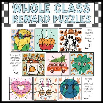 Monthly class reward puzzles for whole group management! Can be turned into a poster or laminated and reused. This is a great way to incentive students to work together to do better! I use velcro dots on my board and the back of the pieces to stick puzzle pieces to each month.3 versions- patterned colored background, plain color background, patterned white background. Whole Class Incentives, Incentive Ideas For Students, Group Rewards For Classroom, Whole Class Reward Ideas, Class Reward Ideas, Whole Class Reward System, Class Reward System, Whole Class Rewards, Class Incentives