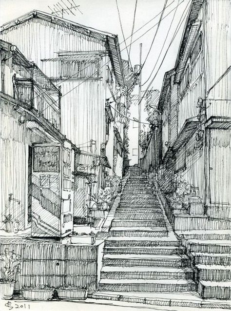 Back alley // Sketch by Suzuken | Miguel Catalan | Flickr Urban Sketchers, Gambar Lanskap, Back Alley, Perspective Drawing Architecture, Architecture Drawing Art, Perspective Art, Air Terjun, Architectural Sketch, Perspective Drawing