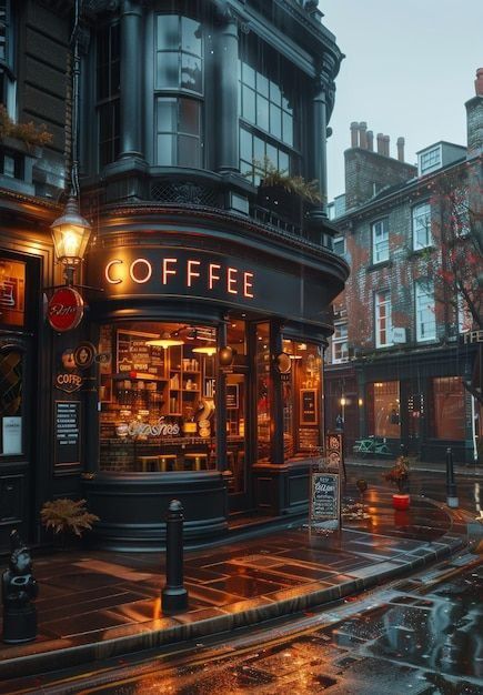 Coffee Shop Rainy Day, Abandoned Coffee Shop, Coffee Shop In London, London In Autumn Aesthetic, Rainy Coffee Shop, London Cafe Aesthetic, Rainy London Aesthetic, English Coffee Shop, London Cafes