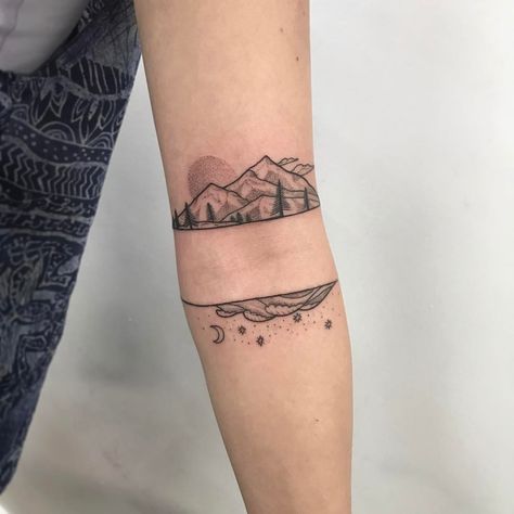 Negative Band Tattoo, Moon Arm Band Tattoo, Mapuche Tattoo, Inner Elbow Tattoos, Simple Arm Tattoos, Peony Tattoo, Band Tattoos, Nature Tattoo, Landscape Tattoo