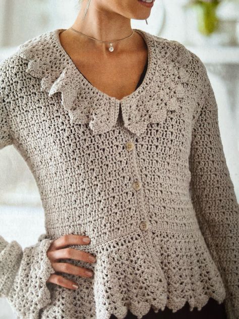 Crochet Lacy Cardigan, Crocheting Tutorial, Lacy Cardigan, Frilly Collar, Frilled Collar, Cardigan Au Crochet, Pretty Cardigans, Crochet Buttons, Crochet Collar