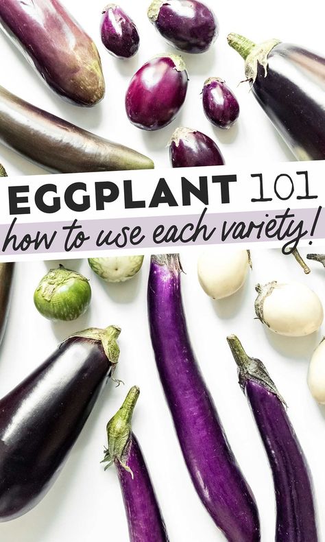 Switch up your eggplant meals by incorporating a new type of eggplant. Here are 6 different eggplant varieties to try and how to use them! #eggplant #vegetables #vegan #vegetarian One Eggplant Recipe, Long Eggplant Recipes, What To Do With Small Eggplants, Summer Eggplant Recipes, How To Cook Eggplant, Eggplant For Breakfast, Small Eggplant Recipes, Airfryer Vegetarian, White Eggplant Recipes