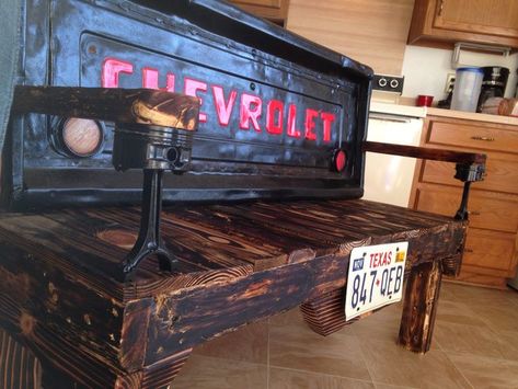 Tailgate Diy, Tailgate Bench, Car Part Art, Gate Furniture, Car Parts Decor, Man Cave Bathroom, Man Cave Room, Car Part Furniture, Automotive Furniture