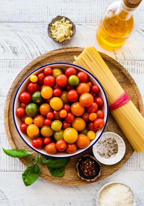 Easy Burst Cherry Tomato Pasta Sauce Recipe (Quick!) - CucinaByElena Pasta Sauce From Cherry Tomatoes, Fresh Cherry Tomato Pasta Sauce, No Cook Cherry Tomato Pasta Sauce, Pasta With No Cook Cherry Tomato Sauce, Pasta With Simple Cherry Tomato Sauce, Burst Cherry Tomato Pasta, Cherry Tomato Pasta Sauce, Pasta Sauce Recipes Tomato, Roasted Grape Tomatoes