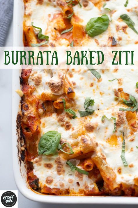 Burrata Baked Ziti recipe from RecipeGirl.com #burrata #baked #ziti #pasta #recipe #RecipeGirl Burrata Pasta Bake, Burrata Recipe Pasta, Burrata Pasta Recipe, Burrata Baked, Burrata Recipe, Ziti Recipe, Ziti Pasta, Lemon Butter Chicken, Baked Ziti Recipe