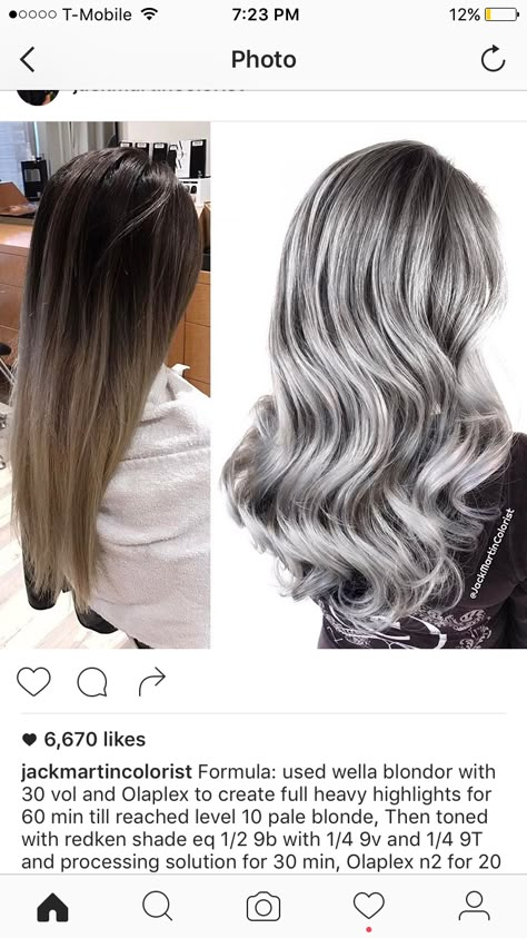 Grey / silver hair color formula Silver Hair Color Formula, Balayage Grey, Hair Color Grey Silver, Grey Hair Color Silver, Hair Color Blonde Highlights, Redken Hair Color, White Blonde Hair, Color Balayage, Hair Color Formulas